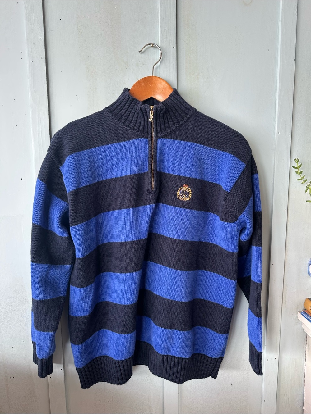 Vintage Ralph Lauren Stripe Cotton Pullover Sweater, Royal Blue Navy